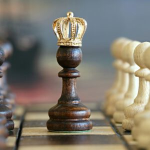 A brown pawn with a crown stands prominently on a chessboard, symbolizing critical thinking.